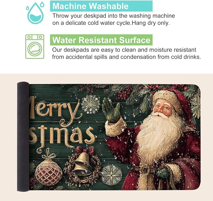 Desk Mat, XXL Extended Gaming Pad for Desktop, 35x16 Inches Vintage Santa, Large Non-Slip Vegan Leather Keyboard Mouse Mat for Home Office