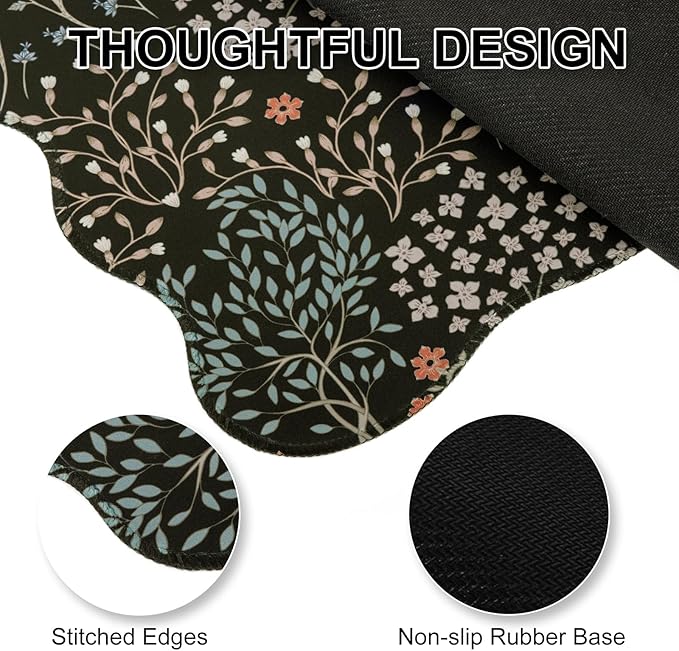 L-SPOUTTO Botanical Mouse Pad,Black Desk Mat XXL Large Scalloped Gaming Mousepad,35.4x15.12in Non-Slip Base Keyboard Pad Waterproof Desktop Mat for Laptop Computer Game Home Office-Seamless Plants