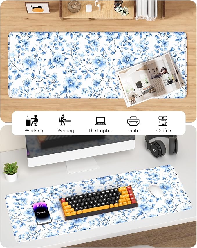 Floral Mouse Pad, 31.5 x 11.8 Large Desk Mat with Stitched Edges & Non-Slip Base, Mousepad for Office, Home, Work, Blue White Flower