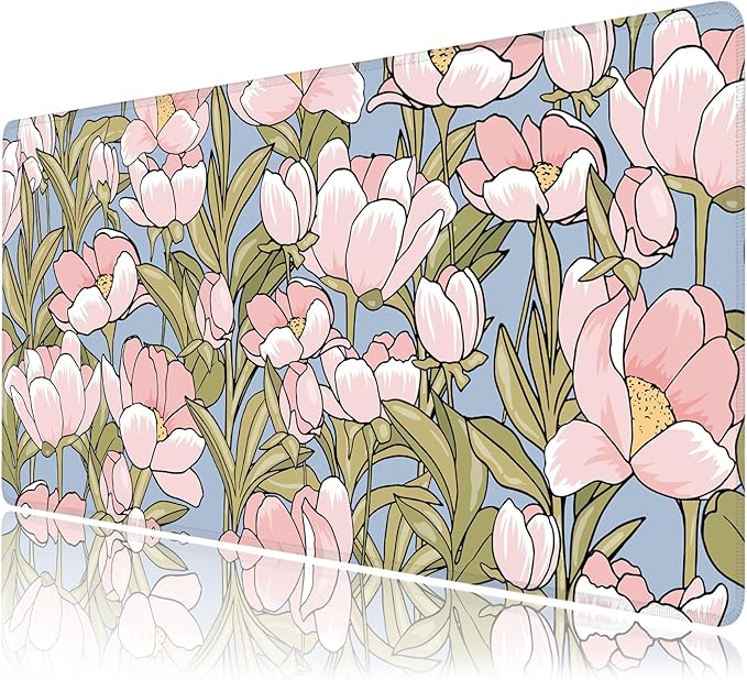 Desk Mat, WatercolorTulip Flowers XXL 35.4"x15.7"Large Gaming Mouse Pad, 3mm Thick Gaming Keyboard Pad,Desk Pad Non-Slip Rubber Base with Stitched Edges for Office Game Home Decor