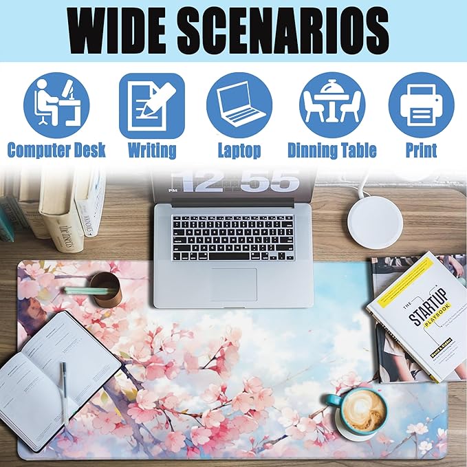 Large Gaming Mouse Pad for Desk,Cherry Blossom Tree Desk Mat for Desktop,Watercolor Floral Desk Pad, Extended Big Computer Keyboard Mouse Pad with Non-Slip Base Stitched Edges 35.4"x15.7"