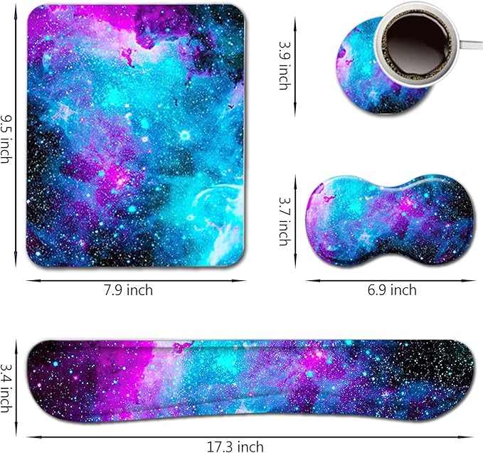 AIMSA Keyboard Wrist Rest Support + Mouse Pad + Mouse Wrist Rest + Coaster, Ergonomic Memory Foam Anti-Slip Rubber Base 4 PCS Set Easy Typing Pain Relief, Galaxy Nebula Universe