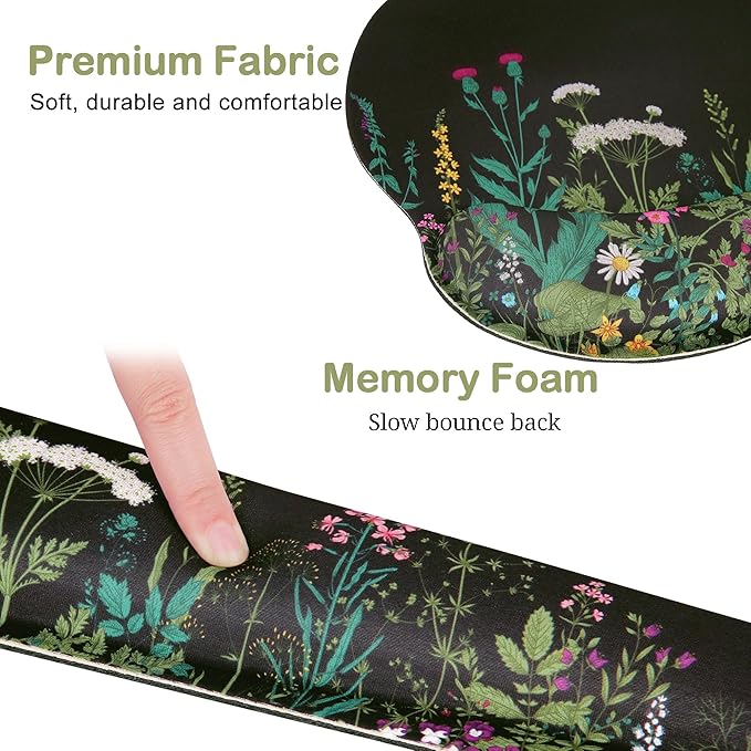 Ergonomic Mouse Pad with Wrist Rest and Keyboard Wrist Rest, Memory Foam Wrist Rest for Computer Keyboard, Easy Typing, Mouse Pad Wrist Support for Gaming,Office, Laptop, Black Flower