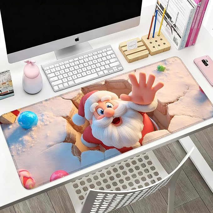 Desk Mat, XXL Extended Gaming Pad for Desktop, 31x12 Inches Santa Breaking Through Wall Design, Large Non-Slip Vegan Leather Keyboard Mouse Mat for Home Office