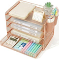 Desk Organizer and Accessories, 5-Tier Paper Letter Tray Organizer with Drawer & 2 Pen Holders for Desktop File Organization, Office Desk Accessories for Supplies Storage (Rose Gold)