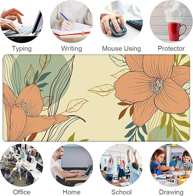 Desk Mat, Abstract Flowers XXL 35.4"x15.7"Large Gaming Mouse Pad, 3mm Thick Gaming Keyboard Pad,Desk Pad Non-Slip Rubber Base with Stitched Edges for Office Game Home Decor