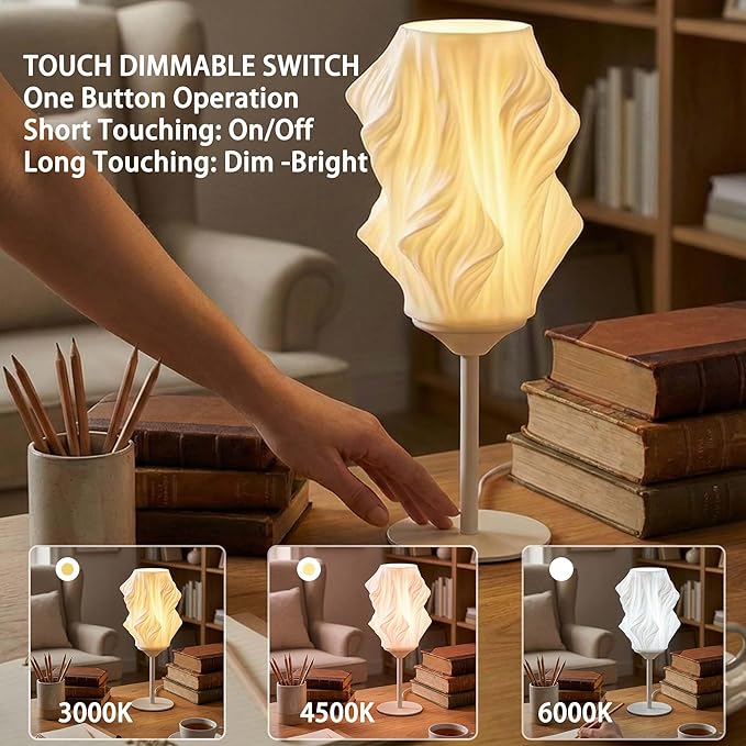 Bedside Lamp for Bedroom,3 Way Dimmable Touch Table Lamp with 6W LED Light Strip,Modern Nightstand Lamp with 3D Printed PVC Lampshade for Living Room,Office,Dorm Room