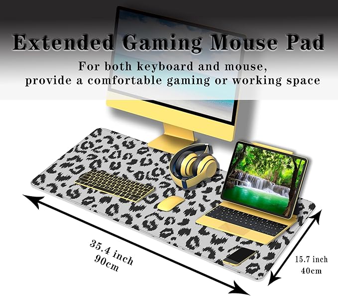 Large Gaming Mouse Pad - White and Black Desk Mats, Non-Slip Rubber Base 35.4 X 15.7 for Game Office, Leopard Print