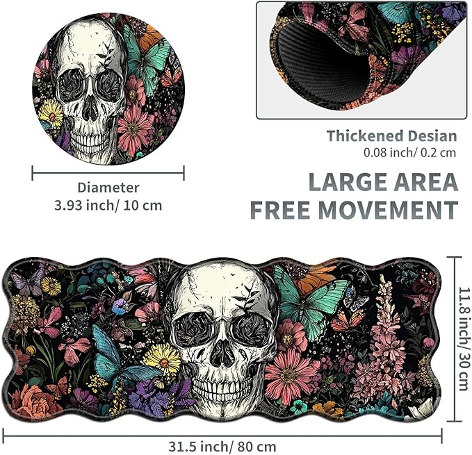 Sugar Skull Flowers Large Gaming Mouse Pad Plus a Coaster, 31.5 x 11.8 inches Desk Mat Extended XL Mousepad with Stitched Edge Non-Slip Rubber, Desk Pad Computer Mouse Mat for Home Office
