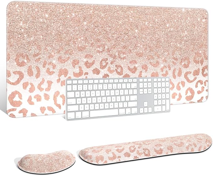 Auhoahsil Large Mouse Pad with Wrist Rests for Keyboard & Mouse, Thick Soft Ergonomic Memory Foam Wrist Supports, Big & Long Desk Mat 35.5 x 15.7 in, for Office Gaming Computer, Pink Gold Leopard