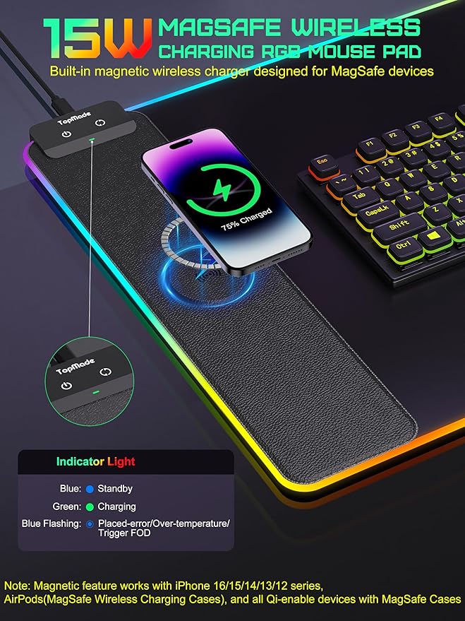 TopMade Mouse Pad with Wireless Charging, 31.5" x 15.75" Large Desk Mat RGB Gaming Mousepad, LED Desk Pad Keyboard Pad with Ultra-Smooth Surface & Non-Slip Rubber Base, Waterproof Desk Pad