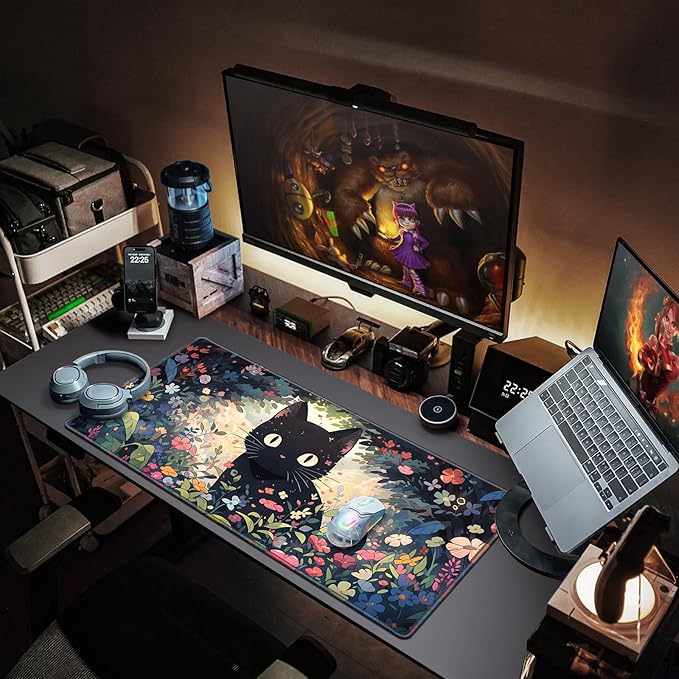 Canjoy Cute Black Cats Anime Mouse pad, 31.5x15.7inch Kawaii Computer Keyboard Mat Extended Large Gaming Mouse Pad with Non-Slip Rubber Base