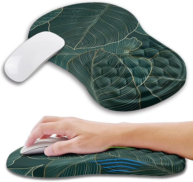 Ergonomic Mouse Pad Wrist Support with Memory Foam Massage Bulge, Carpal Tunnel Mousepad Wrist Rest for Mouse(12x8 inch, Leaves)