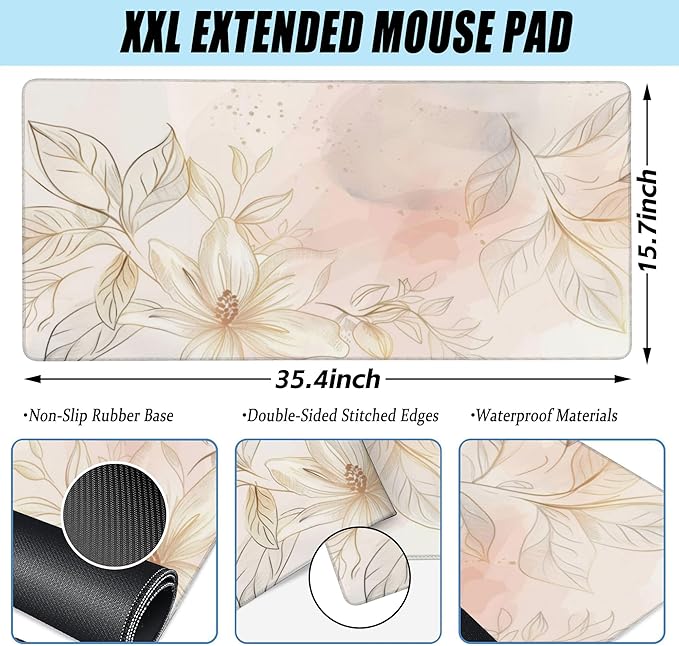 Desk Mat,Minimalist Flowers and Leaves Large Gaming Mouse Pad for Desk XXL,Golden Line Floral Desk Pad,Extended Big Computer Keyboard Mouse Pad with Non-Slip Base Stitched Edges 35.4"x15.7"