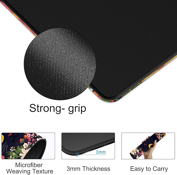 Large Mouse Pad 35.4x15.7 Inch Black Cat in Flowers Gaming Desk Mat with Non-Slip Rubber Base, Stitched Edges for Gaming,Office