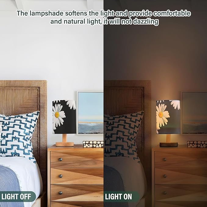 Black Daisy LED Table Lamp, Bedside Lamp with Linen Lampshade, Flicker-Free Eye Care USB Plug in Nightstand Lamp, for Bedroom and Office