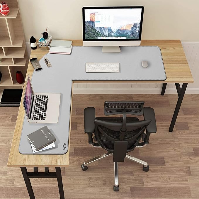 Vyaaa L Shaped Desk Mat Leather Desk Pad, PU Leather Corner Desk Mat for Computer, Gaming, Writing, Home and Office, 39.4"x 39.4"x 13" Light Gray