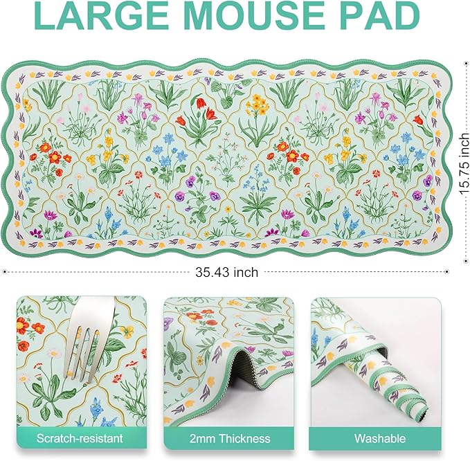 L-SPOUTTO Green Mouse Pad,Botanical Desk Mat XXL Large Scalloped Gaming Mousepad,35.4x15.7in Non-Slip Rubber Base Keyboard Pad Waterproof Desktop Mat for Laptop Computer Game Home Office-Flowers