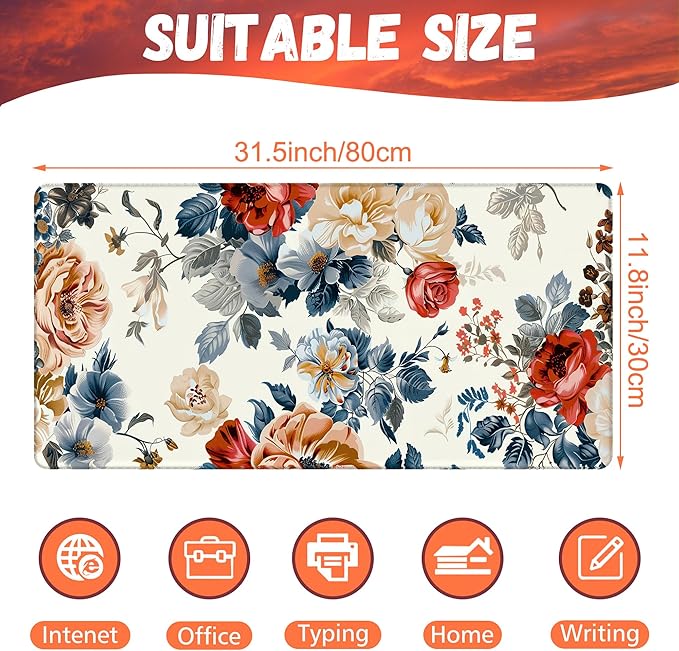 Large Gaming Mouse Pad for Desk,Vintage Botanical Flower Bunch Desk Mat,Beautiful Flowers Desk Pad,31.5"x15.7" Extended Big Computer Keyboard Mouse Pad with Non-Slip Base and Stitched Edge