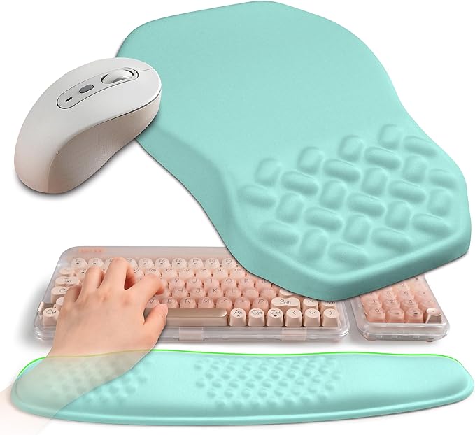 2-in-1 Ergonomic Set, Wave Keyboard Wrist Rest and Massage Slope Mouse Pad Wrist Support, Rebound Memory Foam for Ergonomic Comfort (Light Blue)