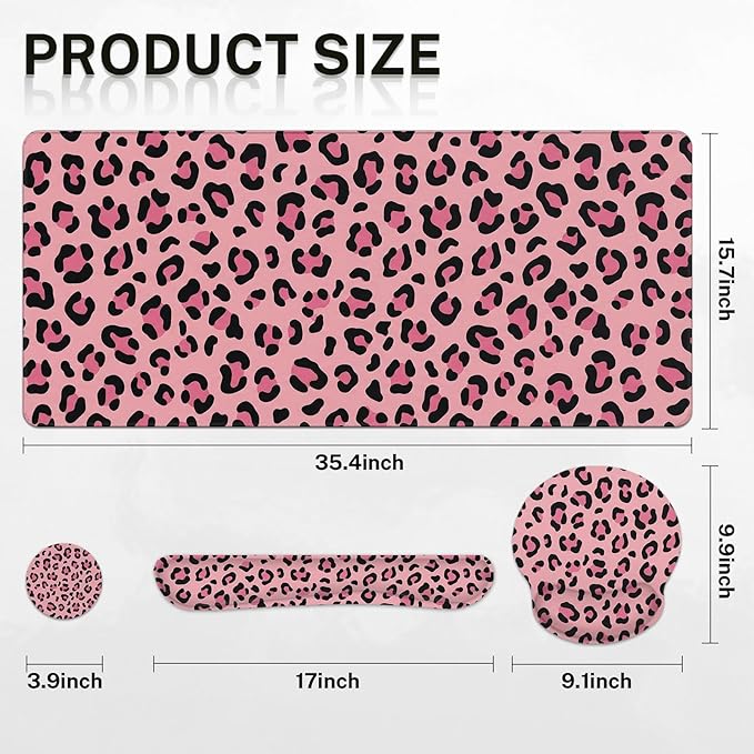 Arttown Leopard Desk Mat Pink and Black Leopard Mouse Pad Set 4 in 1 Ergonomic Design Large Mouse Pad + Keyboard Wrist Rest + Mouse Wrist Rest + Coaster Suitable for Home Office Study Game
