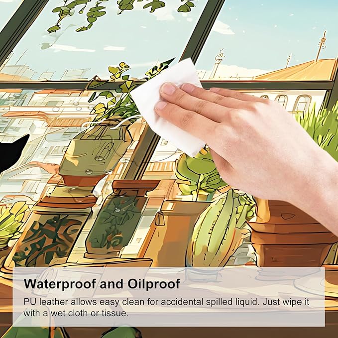 Desk Mat, XXL Extended Gaming Pad for Desktop, 31x12 Inches Cat Lover Kitty in Window with Houseplants, Large Non-Slip Vegan Leather Surface with Stitched Edges, Keyboard Mouse Mat for Home Office