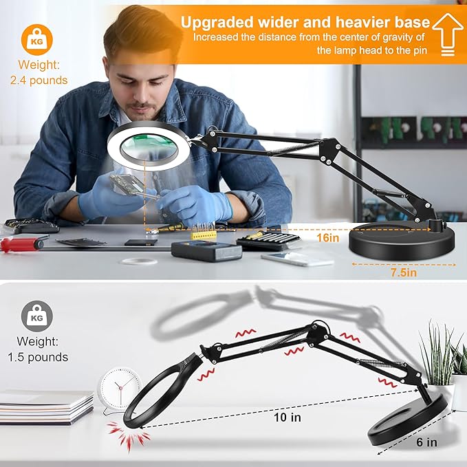 10X Magnifying Glass with Light and Stand, Magnifier with Light Hands Free, 3 Color Modes 10 Level Dimmable, Magnifying Real Glass LED Desk Lamp for Close Work, Repair, Reading, Craft, Black