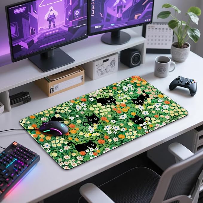 Cute Flower Cat Large Gaming Mouse Pad 31.5"x15.7", Flower XXL Desk Mat, Non-Slip Rubber Base & Stitched Edges Extended Mousepad for PC/Laptop/Office/Home Decor