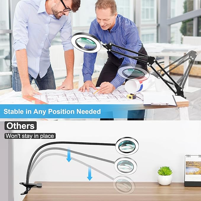10X Magnifying Glass with Light and Clamp, Real Glass LED Lighted Magnifier, 3 Color Modes 10 Level Dimmable, Magnifying Lamp with Clamp for Reading Craft Hobby Close Work, Black