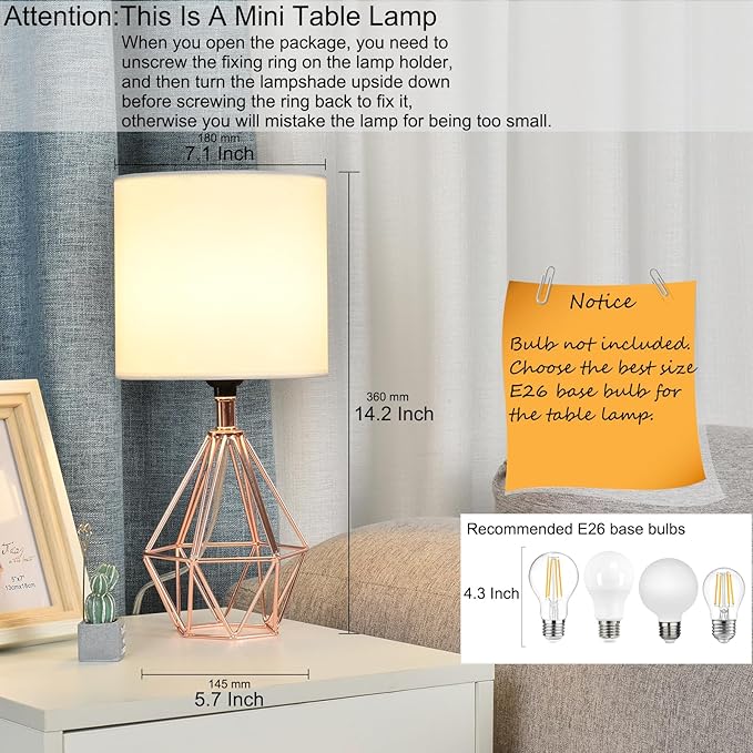 COTULIN Rose Gold Bedside Table Lamp,Modern Small Desk Lamp with TC Fabric Shade Geometric Metal Base for Kids Living Room Bedroom Nightstand