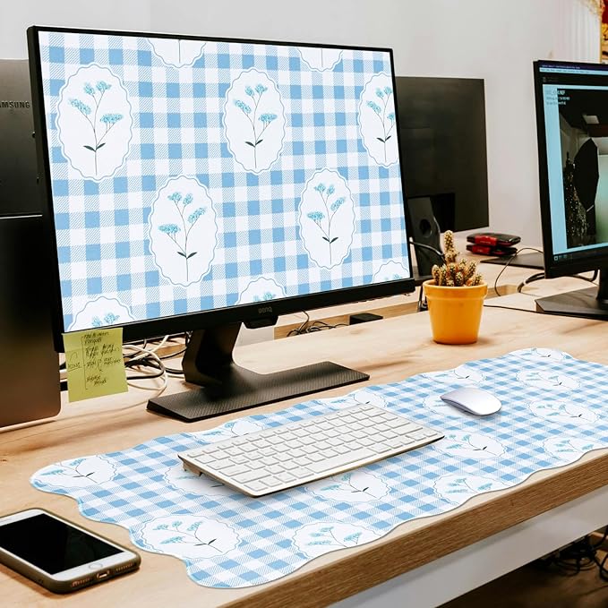 L-SPOUTTO Blue Mouse Pad,Checkered Floral Desk Mat XXL Large Scalloped Gaming Mousepad,35.4x15.7in Non-Slip Rubber Base Keyboard Pad Desktop Mat for Laptop Computer Game Home Office-Checkered Flowers