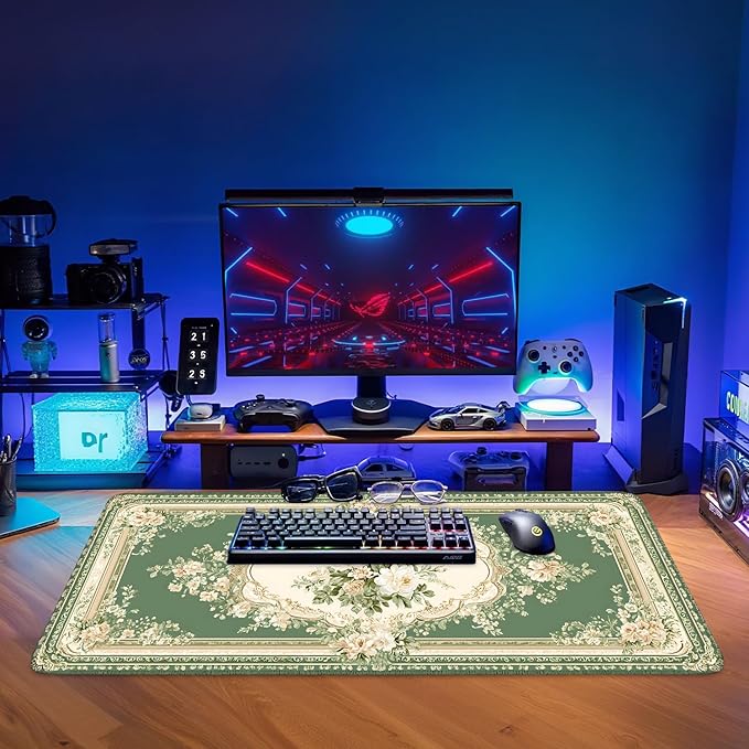 Blue Retro Spring Extended Gaming Mouse Pad 35.4x15.7Inch Large Desk Mat Anti-Slip Rubber Base & Durable Stitched Edges for Gamers Smooth Mouse Writing Surface for Desk Office/Home