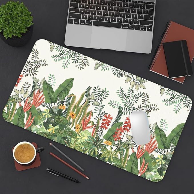 Desk Mat Large Protector Pad 31.5" ×15.7", Non-Slip PU Leather Desk Blotter, Waterproof Mouse Pad for Office Home Foliage