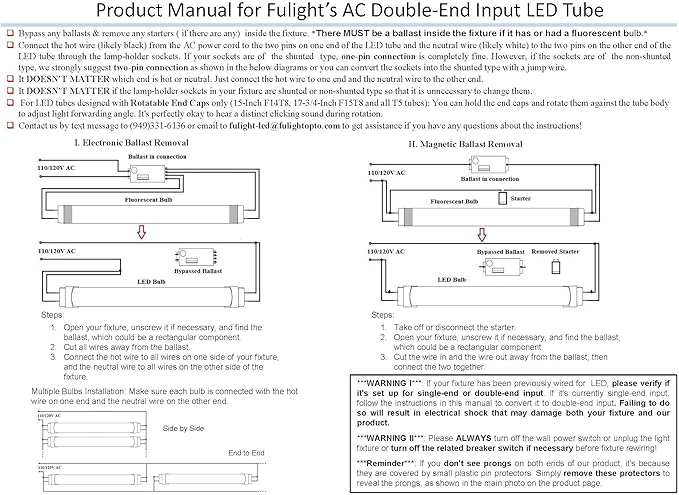 (4-Pack) Fulight Not-a-Plug-and-Play (Type B) & Full Spectrum LED Tube Light - T8 2FT 24-Inch 10W, Warm White 3000K, F17T8, F18T8, F20T10, F20T12/WW, Double-End Powered, 85-265V - 95CRI + Flicker Free