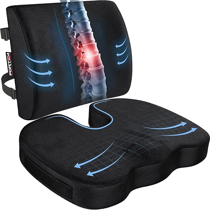FORTEM Seat Cushion, Office Chair Cushion, Lumbar Support Pillow for Office Chair, Memory Foam Ergonomic Coccyx & Lumbar Support, Car Sitting Pad, Washable Non Slip