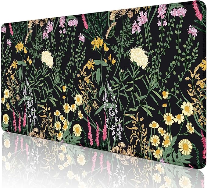 Botanical Colorful Flowers Gaming Desk Mat, Blooming Herb Floral Plants XXL Large Mouse Pad, Computer Mat for Desk, Accessory Decor Gift - 35.4 x 15.7 Inch, Vintage Flowers Black
