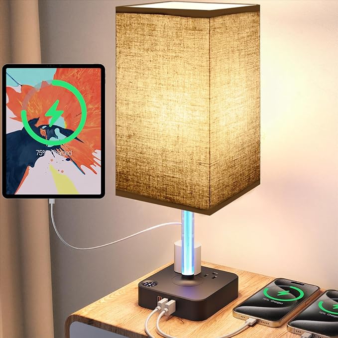 Bedside Table Lamp - Touch 3 Way Dimmable Lamp with 3 USB Charging Ports & 2 AC Outlets, Square Base Rectangular Flaxen Shade, Bedroom, Office, Dorm, Decor, LED Bulb Included (Black-Brown)
