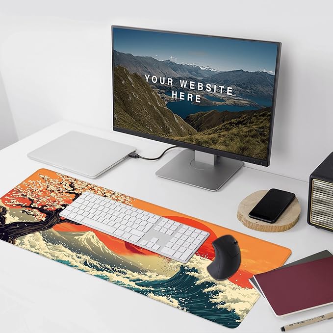 Desk Mat, Japanese Sea Wave XXL 35.4"x15.7"Large Gaming Mouse Pad, 3mm Thick Gaming Keyboard Pad,Desk Pad Non-Slip Rubber Base with Stitched Edges for Office Game Home Decor