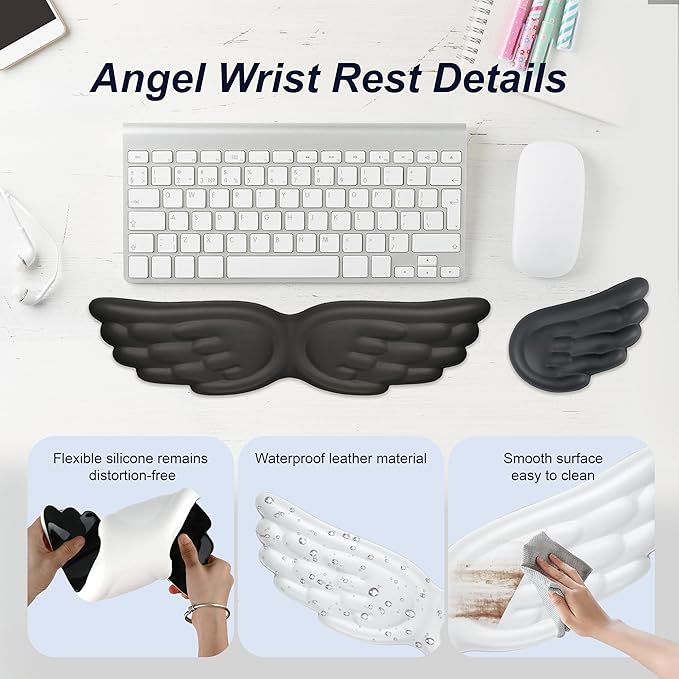 Angel Wing Wrist Rest,Cute Wrist Rest for Keyboard and Mouse,Hand Rests Set Include Ergonomic Keyboard & Mouse Hand Rest and Coaster,Filled Resilient Memory Foam,for Work,Study,Gaming (Black)