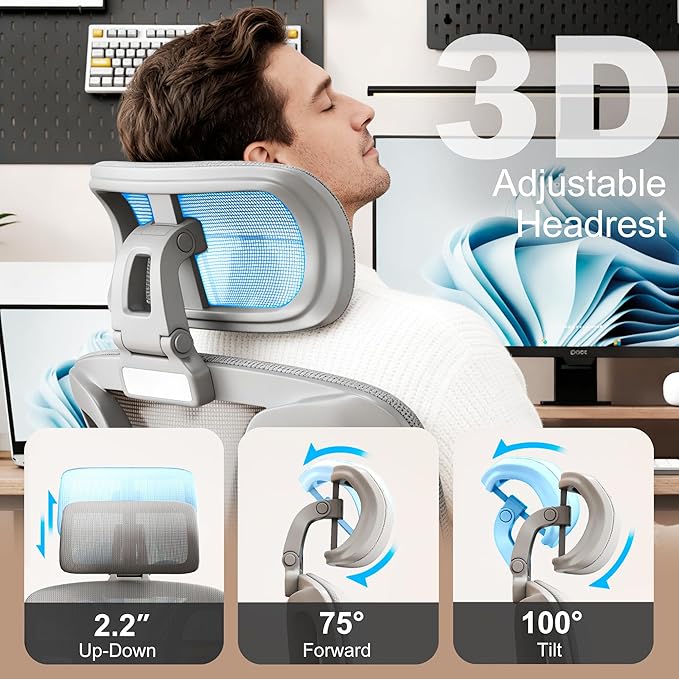 Vonesse Ergonomic Office Chair with Footrest, Desk Chairs with Adjustable 3D Headrest and Armrests, Computer Gaming Chair with Dynamic Lumbar Support & Adjustable Depth Breathable Mesh Seat (Grey)
