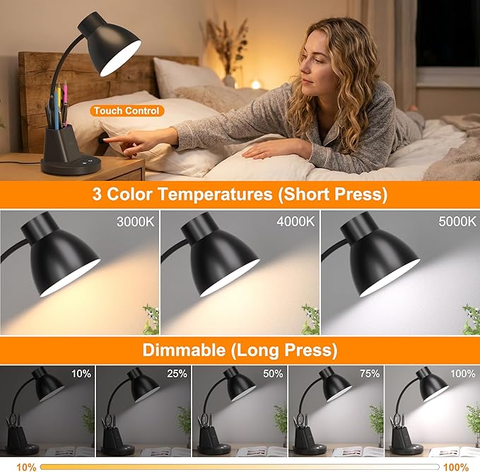 Sailstar Desk Lamp with Wireless Charger, 3 Color Modes Dimmable Desk Lights with Pen Holder, 800LM CRI 95+ Neck Flexible Desk Lamp for Home Office, College Dorm, Studying, Working, Adapter Included