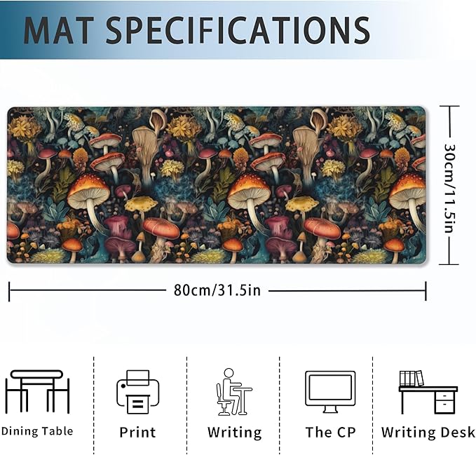 Mushrooms Desk Mat, Vintage Mushroom Floral Extended Gaming Mouse Pad Large, Big Desk Mat with Non-Slip Base and Stitched Edge, Long Computer Keyboard Mouse Mat for Home Office Work 31.5"x11.8"