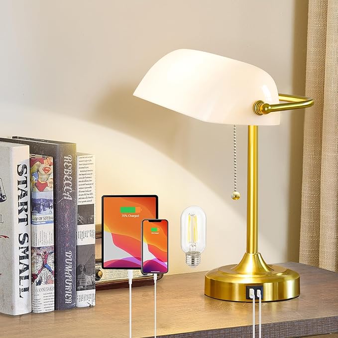 Vintage Desk Lamp Bankers Lamp - Plastic Lampshade Retro Table Lamp with USB & Type C Charging Ports Traditional Library Lamp for Home Office Nightstand Bedroom Side Table Lamp(T45 Bulb Included)