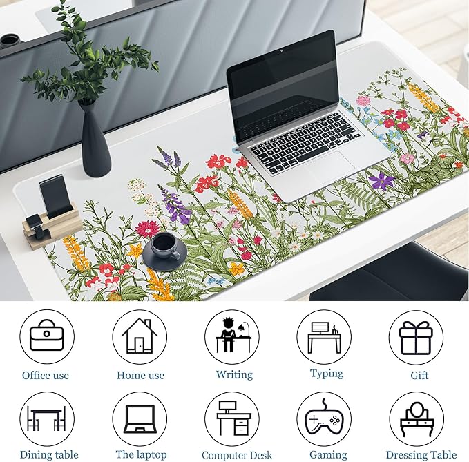 Desk Pad Sage Green Botanical Flowers, Desk Mat for Desktop, XXL Large Gaming Mouse Pad, Non-Slip Rubber Base Stitched Edges Waterproof Keyboard mat for PC Game, Laptop, Computer, Work, Office, Floral