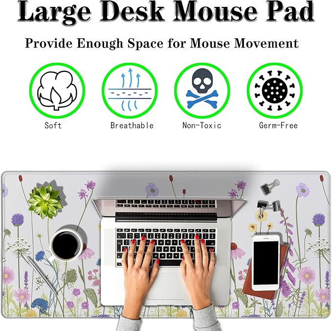 Desk Mouse Pad Flower Keyboard Mat, Mouse Pads Office Desk Pad, The Mousepad Non-Slip Rubber Base Waterproof with Stitched Edges, 35.4" X 15.7" for Work/Game/Office/Home Floral Nature Plant