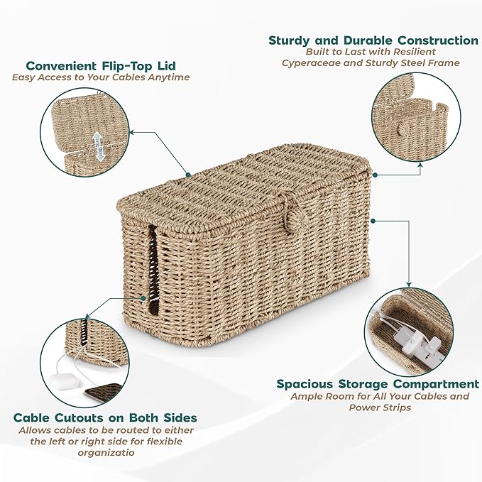 BLUEWEST Large Cable Management Box, Natural Rattan Cable Cord Organizer Boxes for Power Strip – 2 Open Slots Cords Hider Box for TV Wires, Computer, Router, USB Hub and Under Desk Power Strip