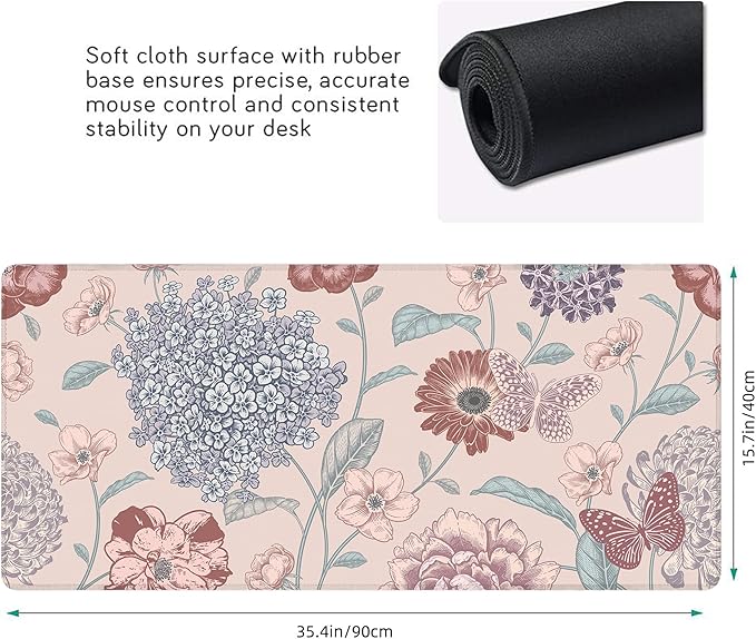 Desk Mat, Vintage Dark Flowers Butterfly XXL 35.4"x15.7"Large Gaming Mouse Pad, 3mm Thick Gaming Keyboard Pad,Desk Pad Non-Slip Rubber Base with Stitched Edges for Office Game Home Decor