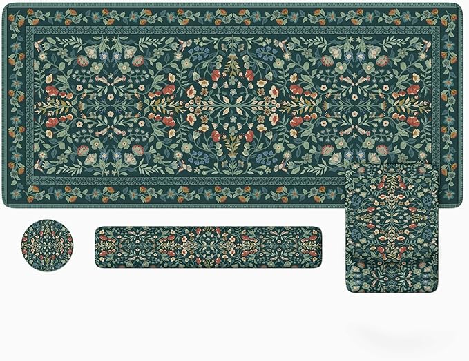 iLeadon Mouse Pad and Keyboard Wrist Rest, Extra Large Mouse Pad Set, Memory Foam Wrist Support for Keyboard, Ultra Smooth Dark Green Desk Mat Sets for Office Women(Floral)