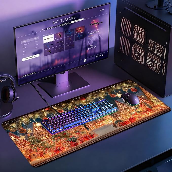 Desk Mat, XXL Extended Gaming Pad for Desktop, 35x16 Inches Village with Tree and Lights, Large Non-Slip Vegan Leather Keyboard Mouse Mat for Home Office