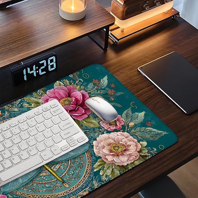 Large Mouse Pad & Keyboard Mat 35x16 Inches, Vintage Peony and Gold Dragonfly Floral Art Non-Slip Rubber Base Desk Mat, Large Extended Desk Protector for Home Office Gaming Setup